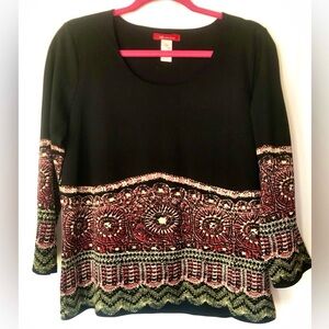 Anne Klein Blouse Black w Red and White Geometric Pattern Crew Neck Boho